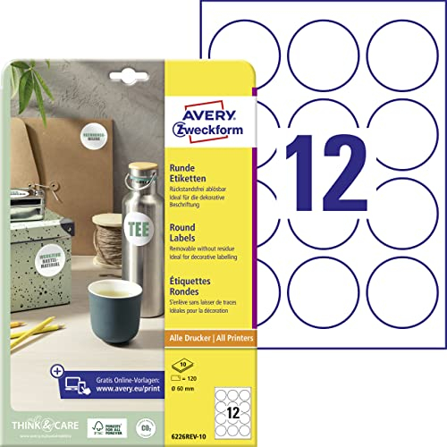 AVERY Zweckform 6226REV-10 Runde Etiketten (120 Klebepunkte, Ø60mm auf A4, runde Aufkleber zum Bedrucken, wieder rückstandsfrei ablösbar/abziehbar, selbstklebende Marmeladenetiketten) 10 Blatt, weiß