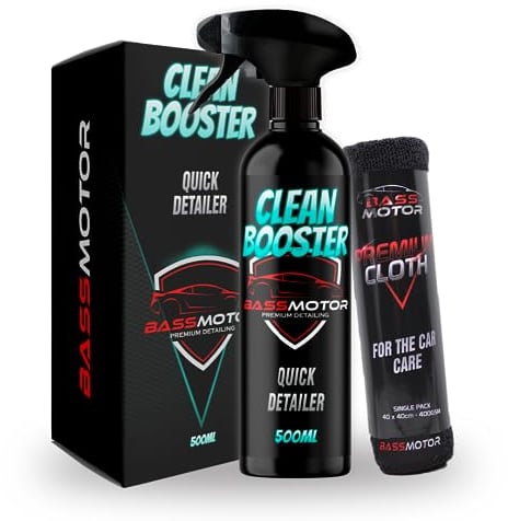 BassMotor Detergente a secco tutto in uno per Esterni Auto per Pulizia Senza Acqua Carrozzeria Vetri Moto Facile Uso - Clean Booster 500ml + Panno in Microfibra Premium