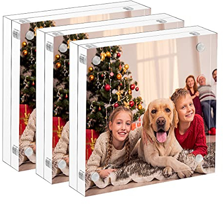 NIUBEE 5x5 Clear Acrylic Picture Frames 3 Pack, 20% Thicker Blocks Self Standing Magnetic Photo Frame, Desktop Card Display