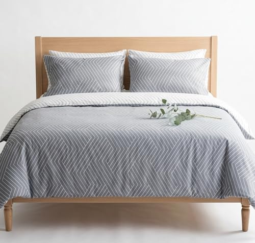 LERUUM Housse de Couette 200x200 Coton Rayée Gris Parure de Lit 2 Personne