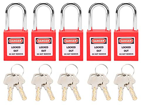Candado de bloqueo Candado de seguridad con llave 5 juegos 38 mm Bloqueo de bloqueo Aislamiento LOTO Nylon PA Acero para energía nuclear Logística Transporte Fabricación(rojo)