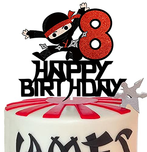 Happy 8th Birthday Cake Topper - Kung FU Ninja Themed Karate Boy Girl Baby Shower Glitter Party Cake Decoration - Eight Years Old Birthday Party Decor