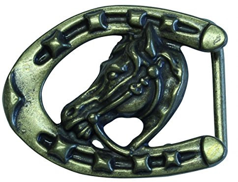 BELTINGER Gürtelschnalle Pferdekopf mit Hufeisen 4,0 cm | Buckle Wechselschließe Gürtelschließe Reitaccessoires 40mm Massiv | für Reit-Outfit | Altmessing