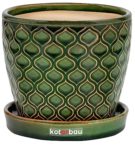 KOTARBAU® - Vaso da fiori in ceramica per piante, diametro 15 cm, vintage, con vaschetta antigoccia, motivo squame di pesce, colore verde