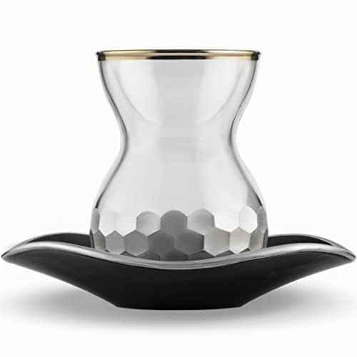 Tea cup Turkish Tea Set, Tea Glass and Plate Set (Set of 6), 12 pcs, Tea Time Vintage Handmade Set,Design Tea Set by Turkish Glass Masters,Capacity: 4 3/4 US oz 145 cc (silver)