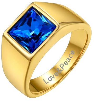 GoldChic Personalisierter Blauer Topas Zirkon Ring mit Motiven-Gravur 316L Edelstahl Herren Bandring Fashion Zirkonia Fingerring Siegelring in Gold Ringgröße 67.2(21.4)