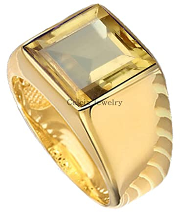 18K Yellow Gold Plated Solid 925 Sterling Silver Ring for Men, Natural Citrine Yellow 12MM Gemstone Signet Ring, Unique Handcrafted November Birthstone Ring