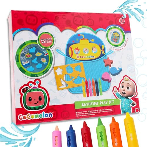 Toyland® Cocomelon Bathtime Playset mit Memory Match Game & Crayon & Stencil Set – Badespielzeug – Geeignet ab 3 Jahren