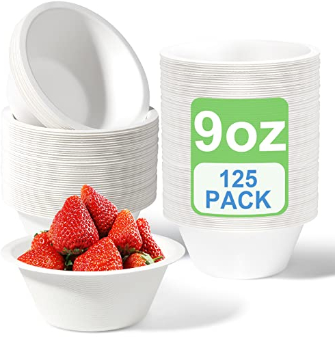 GREENESAGE 125 Pack Paper Bowls Disposable Bowls 9oz - Eco-Friendly, Sugarcane Strong White Bowls 100% Biodegradable and Compostable Soup Bowls for Party BBQ Picnic