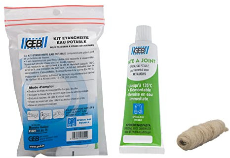 GEB Kit étanchéité complet pour raccords à visser métalliques - Tube de pâte à joint 50 ml + filasse 20 g - Compatible réseau d'eau potable