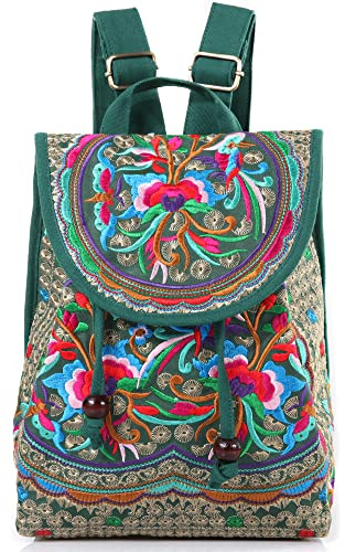 Goodhan Vintage bestickter Damen-Rucksack, ethnische Reise, Handtasche, Schultertasche, G01: Grün mit rosa Blumen, Größe M, Tagesrucksäcke
