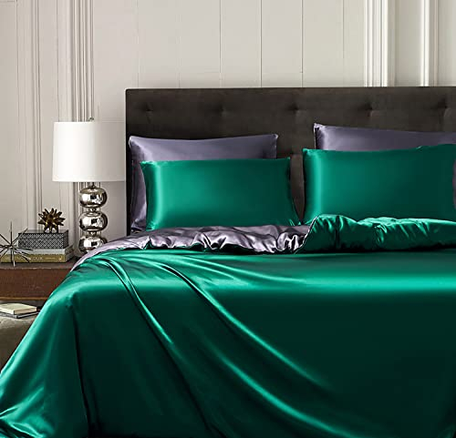 Gezu Satin Bettwäsche Grün Dunkelgrün 155x220cm Einfarbig Wendebettwäsche Grau Dunkelgrau Mako-Satin Seide Glatt Seidig Glänzend Bettbezug Set mit Reißverschluss und Kissenbezug 80x80cm