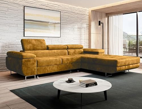 MODERNO Ecksofa mit Schlaffunktion und Bettkasten NORBERG - Sofa mit 3 Sitzen und Robusten Überzug - Schlafcouch L-Form - Modern Couch 72x279x205 cm - Ecke Rechts Senf