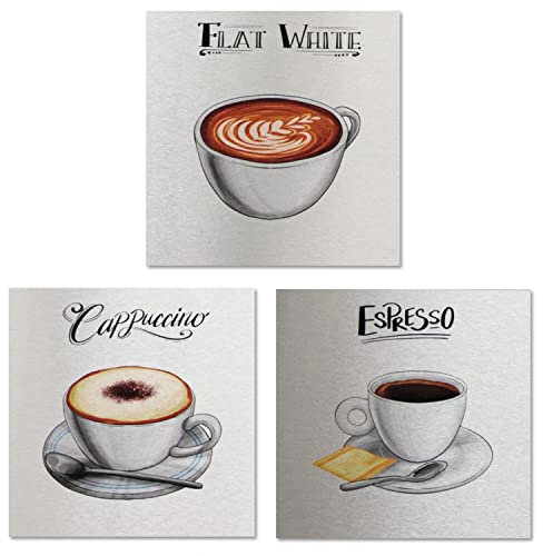 younikat 3er-Set Wandbilder Kaffee-Motive Küche - 20 x 20 cm - Deko Edelstahl Optik gebürstet - Cappuccino Aluverbundschild Bild für Küche Flur Wohnzimmer Geschenkidee zum Einzug - dv1121