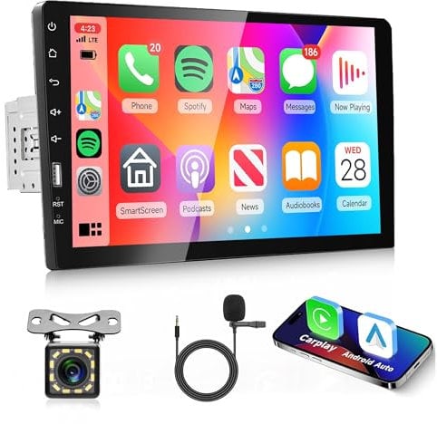 Single Din Car Stereo Carplay Android Auto, Rimoody 1 Din 9 Inch Touchscreen Car Radio with Bluetooth FM AM Radio iOS/Android Mirror Link TF/USB/AUX Input Car Multimedia Player + Backup Camera