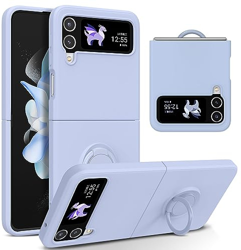 UEEBAI Hülle für Samsung Galaxy Z Flip 4 5G, Ultra Dünn Silikon Handyhülle mit 360 Grad Drehbarer Ringhalter Handschlaufe Magnetische Autohalterung Schutzhülle TPU Bumper Cover - Himmel Blau