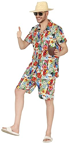 FIESTAS GUIRCA Beach Boy Malle Party Outfit – Hawaii Anzug inkl. Buntes Hawaiihemd u. Shorts – Ibiza Mallorca Tourist Herren Kostüm Karneval Fasching Größe L 52-54