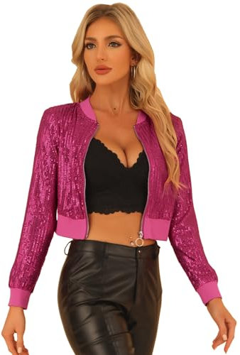 Allegra K Damen Pailletten Jacke Langarm Reißverschluss Crop Glitzer Sequin Bomberjacke Rosa Rot M