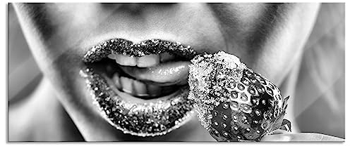 Pixxprint Glasbild Panorama, Wandbild aus Echtglas, Erdbeere Zucker Lippen, 100x40 cm, inkl. Aufhängung und Abstandshalter