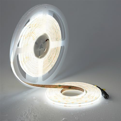TOPAI COB LED Streifen 10M Kaltweiß Wasserdicht, 24V LED Strip 6000K Außen Sehr Hell, LED Band Weiss Selbstklebend, 384LEDs/M CRI>93 Flexible Schneidbar für Schrank Treppe DIY Dekoration