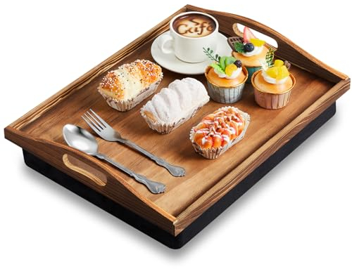 Tioncy Bamboo Lap Tray with Detachable Pillow 16.9'' x 13'' Lap TV Trays Lap Desk with Handles for Adults Eating in Recliner Breakfast Housewarming Gift(Burn Color,1 Piece)