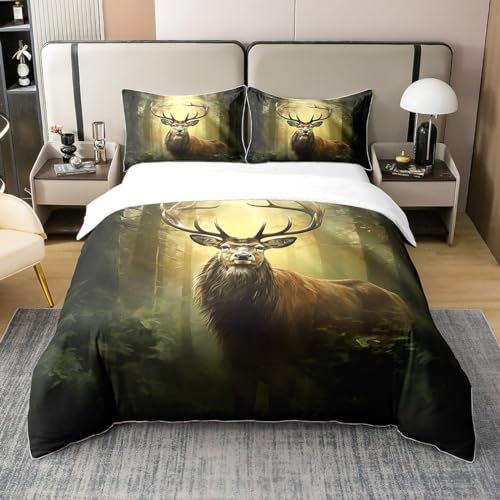 richhome Hirsch Geweih Bettbezug 100% Baumwolle 135x200 für Jugendliche Jugend, Outdoor Dschungel Jagd Wilde Tiere Bäume Tröster Bezug mit Reißverschluss Verschluss, Retro Land Bettwäsche