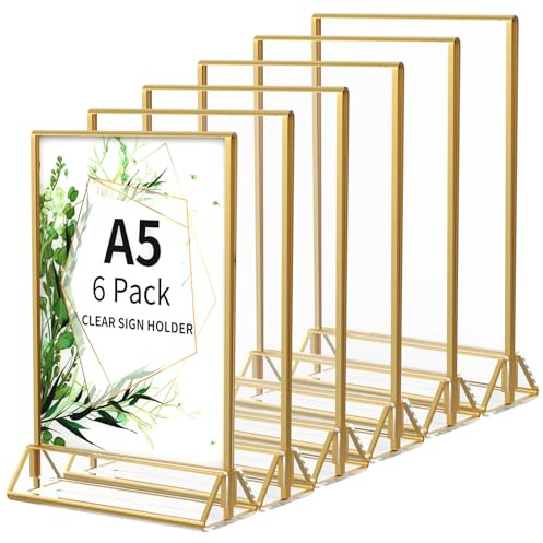 AITEE A5 goldener Schilderhalter: 6 Stück, Acryl, transparent, Menü-Tischhalter, aufrecht, doppelseitig, Prospektständer für Hochzeitstischnummern, Bankett, Restaurantschilder, Display, Fotorahmen