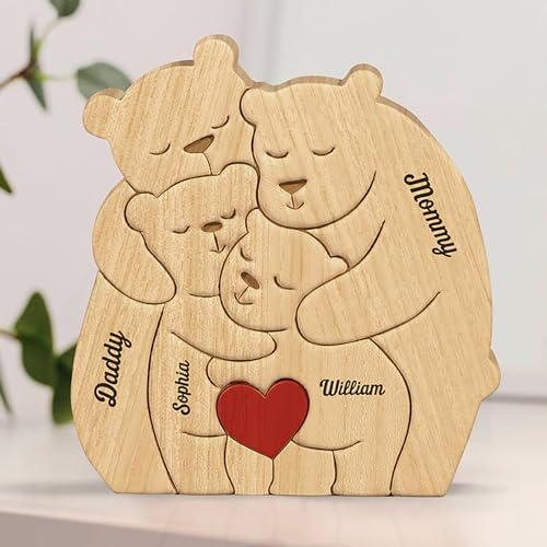 Drawelry Personalisierte Holz Tierpuzzle mit 2-8 Familie Namen Tierskulptur Dekoration Bär Schwan Elefant Tier Statue Ornament für Home Desktop Deko, Geburtstag Weihnachten Neujahr Geschenk (Bäre_A)