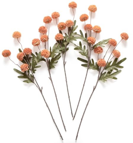 Flores Artificiales Kiku, 5 Piezas de Tallos de Bola de Crisantemo de Seda Falsa, Flores Falsas de Hortensia para Rellenar Ramos de Boda de Otoño(Blanco Roto)
