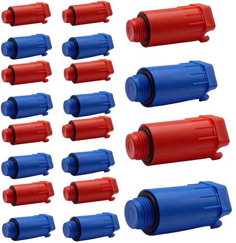 SKIR'CO Lot de 20 bouchons de chantier de 1/2, bouchons de pression en plastique rouge et bleu, bouchons de test de pression d'eau avec joints d'étanchéité