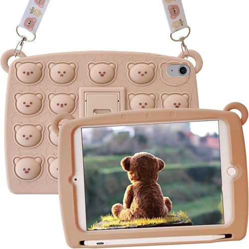 A-BEAUTY Custodia Bambini Compatibile con iPad Air 11 Pollici M3/M2 (2025/2024), Silicone Antiurto Cover con Portapenne, Tracolla, Orso Marrone
