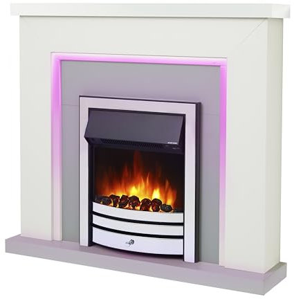 Endeavour Fires Bempton 42 Electric Fireplace Suite with Flame Effect & Coal Bed, Remote Control, Custom Surround, 13-Colour LED Lighting, Eco Heater, White Top/Grey Hearth/Chrome Fire