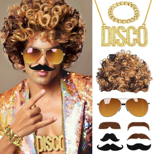 BOYATONG Herren Perücke, 10 Stück 70 Jahre Disco Dude Perücke Halskette Schnurrbart Brille Armband, Perücke Herren 80er Jahre Outfit für Männer Karneval Fasching Party
