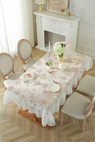 Homxi Tischtuch Rechteckig,140 W x 100 L cm,Fleckschutz Tischdecke Polyester Blumenmuster mit Rüschen Weiß Tischdeckeer Tisch