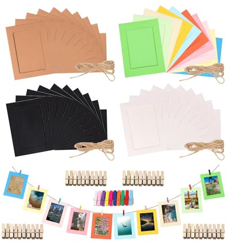Rustark Kit di 84 cornici in carta di colori misti, 15,5 x 11,5 cm, con clip in legno e spago di iuta, per decorazioni da parete