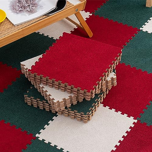 Cucce Splice Interlocking Carpet 10 Pcs Shaggy Pile Square Rug, Square Interlocking Jigsaw Floor Mat, Shaggy Floor Mats foam carpet(Dark Green+red+beige)