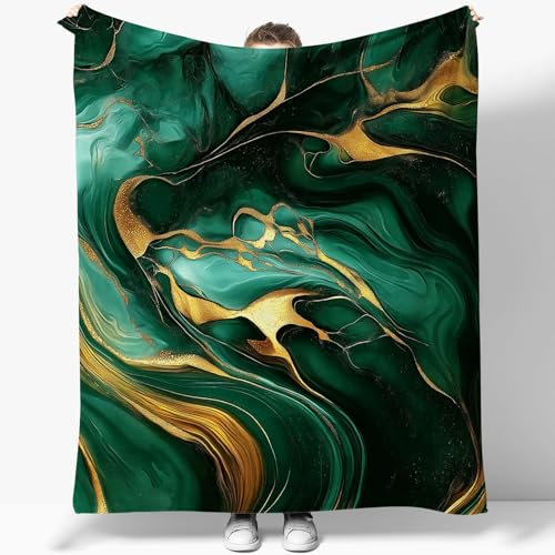 Kuscheldecke Abstrakt Marmorwirbel Grün Gold 150 x 200 cm, Weiche Flauschig Sherpa Decke Tagesdecke Sofadecke, Warme Comfort Bedruckte Kuscheldecke für Couch Bett Sofa Deko