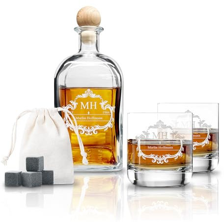 LOOXIS Personalisiertes Whisky Geschenkset mit Namen & Motiv graviert - inkl. 2x 300ml Whiskyglas, 700ml Karaffe, 1x Steineiswürfel- Geschenkidee Männer, Vatertag, Weihnachten - Geschenkset 2, Motiv 1