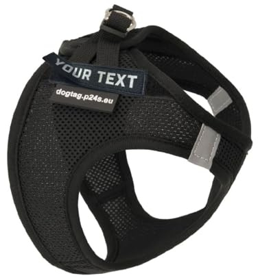 P24S SMART Step-In Hundegeschirr mit Zwei kostenlosen Benutzerdefinierten Patches Klettsticker Wunschlogo für kleine Hunderassen mit Digital Dogtag Service (Schwarz, XS (Brust: 40-48 cm))