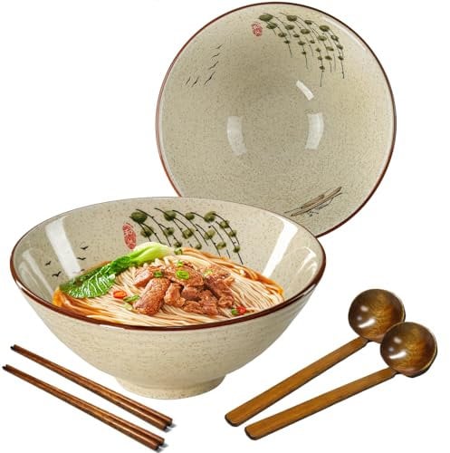 mehrido Lot de 2 bols à ramen en céramique, 1200 ml, grands bols à soupe de nouilles japonaises avec cuillères et baguettes pour soupe Udon Soba Pho Asiatique Nouilles Pâtes Salade