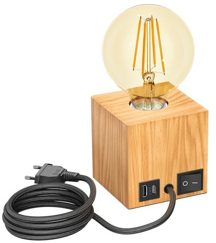 ledscom.de Tischlampe HITO, Holz massiv, eckig, USB, inkl. E27 Lampe gold, max. 818lm, 3-Stufen, extra-warmweiß