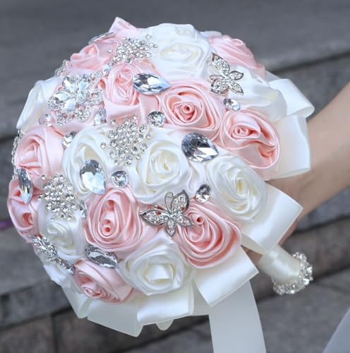 Mhojpik Brautstrauß, rund, glitzernd, Blumenstrauß, Überwurf, künstliche Rose, Blumenstrauß für Braut, Brautjungfer, Hochzeit, Quinceanera (helles Lachsrosa und Elfenbein, 22,1 cm)