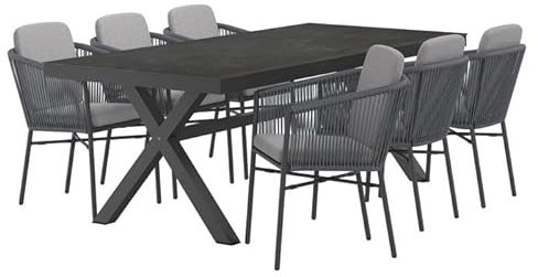 OUTLIV. Gartenmöbel-Set 7-TLG Ohio, Esstisch mit X-Gestell 220x100 cm, Glasplatte in Keramik-Optik, stapelbare Rope-Stühle, anthrazit/dunkelgrau