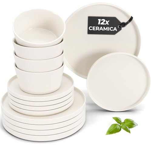 MIAMIO - Juego de vajilla para 4 / Juego de 12 piezas de gres moderno/Vajilla – Apta para lavavajillas y microondas – Colección Luxe (Blanco, Vajilla (12x))