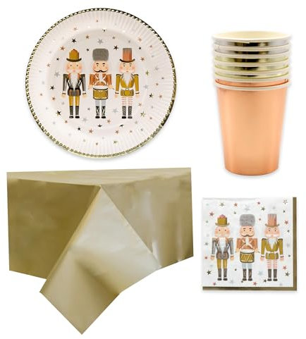Party Pieces Metallic Nutcracker Christmas Party Tableware Set – Includes Plates, Cups, Napkins & Gold Table Cover – Festive Nutcracker-Themed Christmas Decorations for Holiday Dinners & Parties (x8)