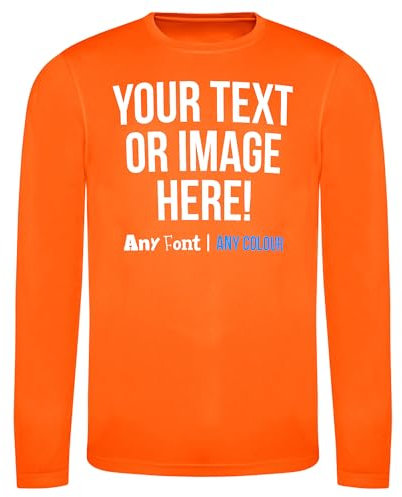 Custom Mens Long Sleeve Polyester T Shirt Personalised Any Text Image Logo Activwear Sports Performance Gym Workwear Long Sleeved Tee, L, Electric Orange