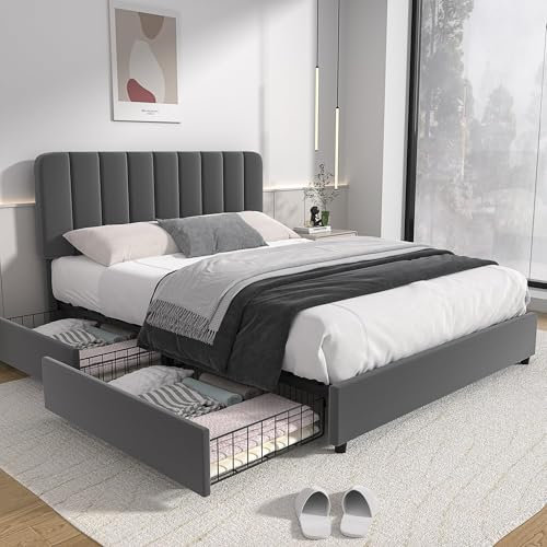 VECELO Polsterbett 140 x 200 cm Doppelbett mit Höhenverstellbarem Kopfteil, Stabiler Bettrahmen mit Lattenrost, Gepolstertes Bettgestell, Kein Boxspring erforderlich, Samt, Ohne Matratze