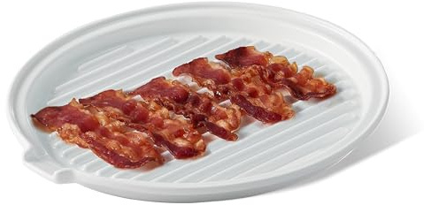 ONEMORE Microwave Bacon Tray Ceramic Bacon Cooker Meat Rack for Oven Cooking Crispy Bacon Maker - 11 inch Round Bacon Dish Plate, White