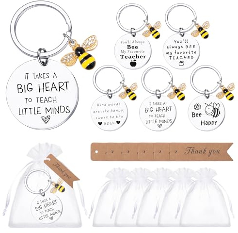 Sixfolo Lehrerin SchlüSselanhänger mit Biene Anhänger 5 Stück Geschenk Erzieherin SchlüSselanhänger Edelstahl Bienen schlüsselanhänger mit Organzabeutel und Etiketten für Geschenke Lehrerinnen