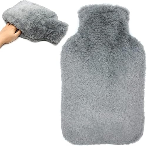 Cokomono Wärmflasche mit Bezug Flauschig, Auslaufsicher 2L Groß Wärmflaschen mit Kängurutasche, Bettflasche für Kinder und Erwachsene, Handwärmer, Hot Water Bottle, Grau